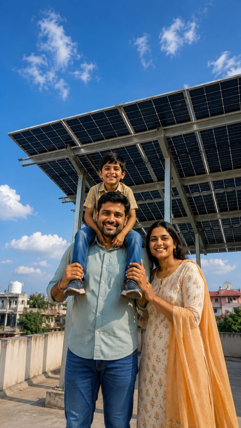 Family under a rooftop solar array in Jabalpur