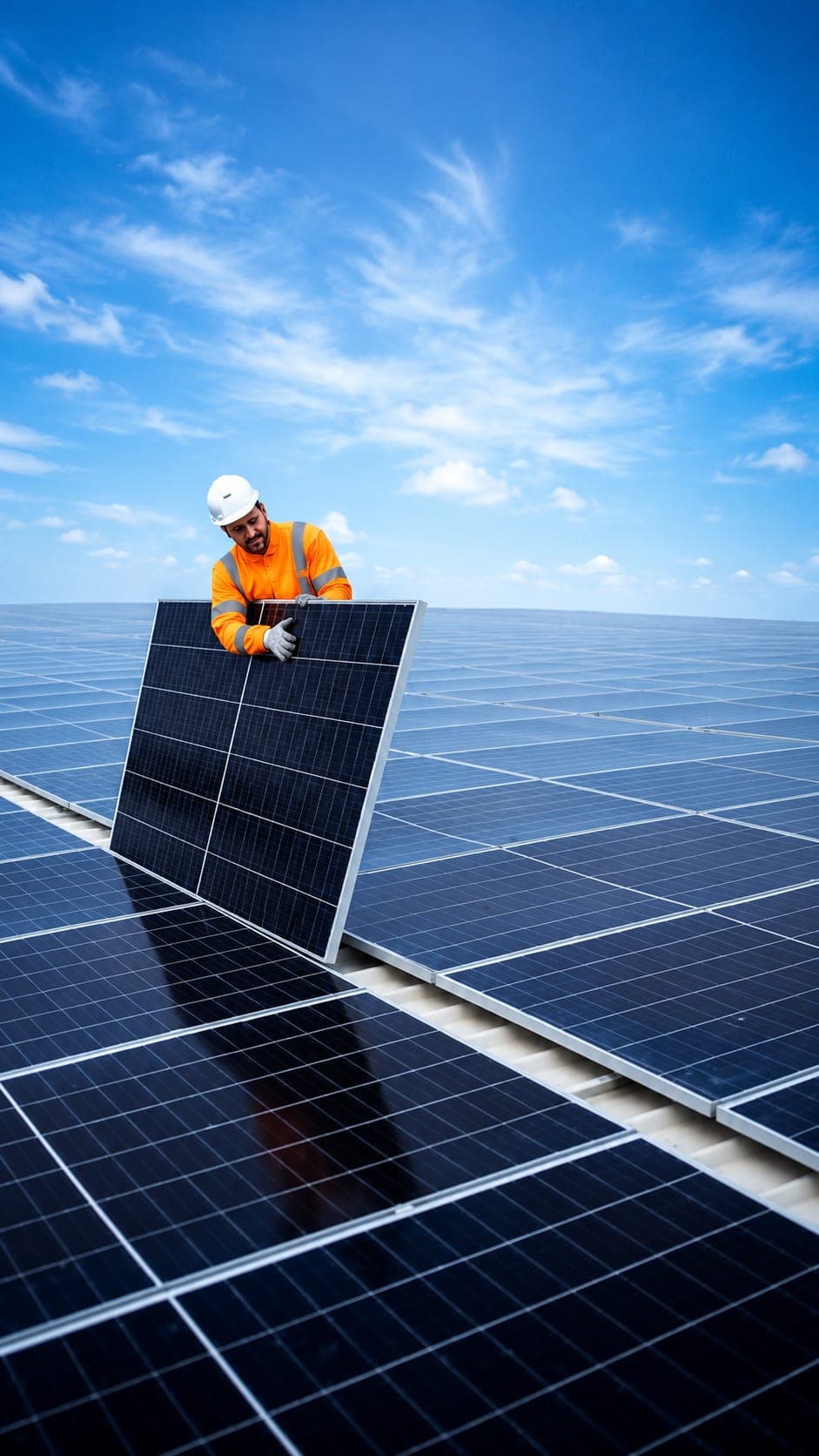 Solar technician carrying a panel