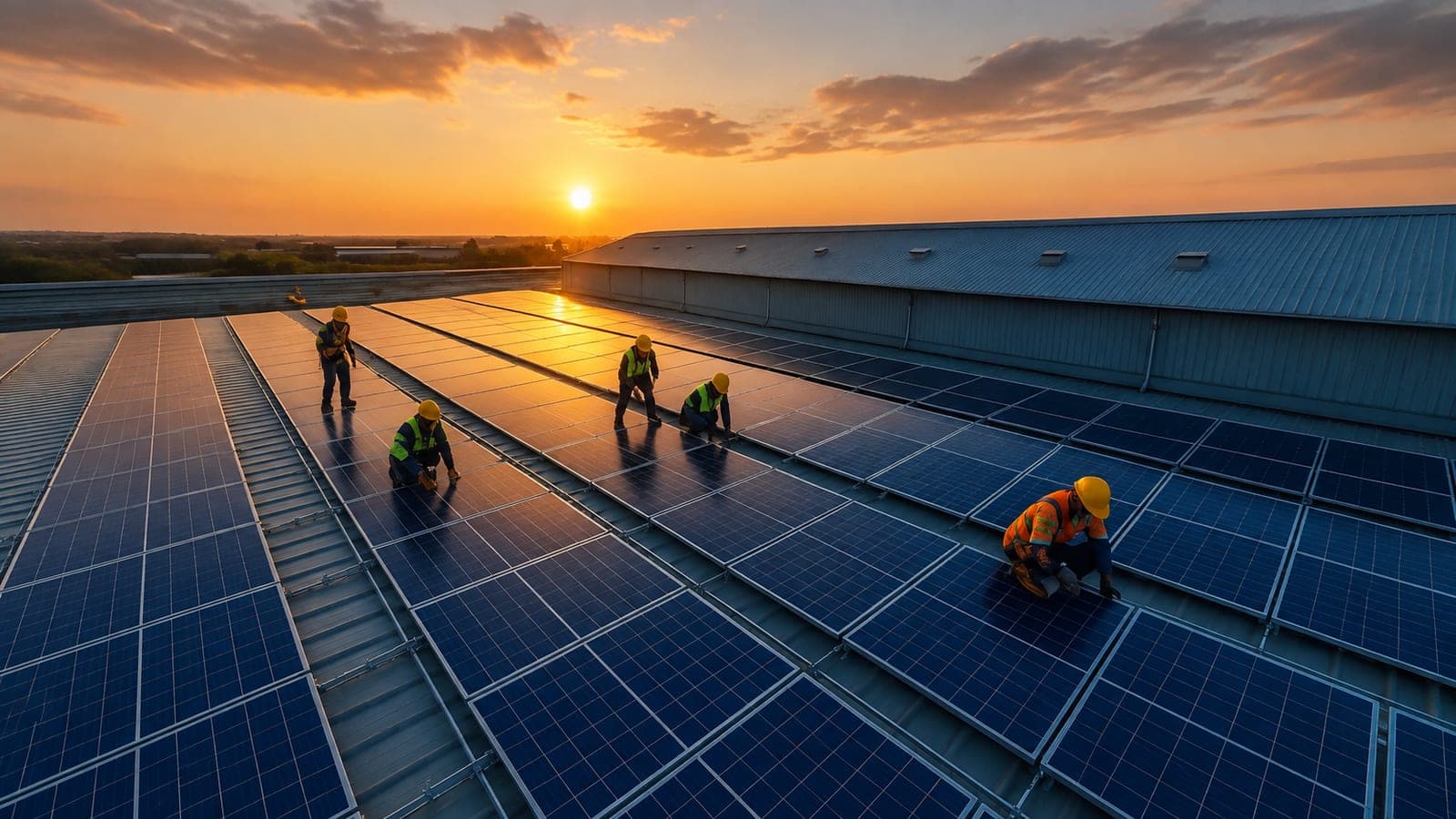 Technicians installing solar panels on a factory rooftop at sunset