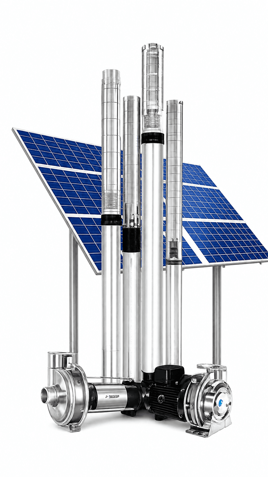Solar water pump set with submersible and surface pumps beside a panel array